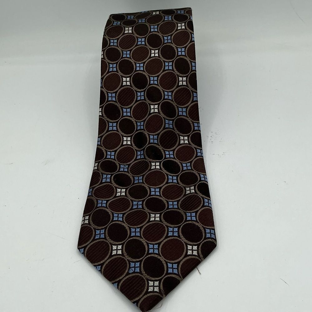 Michael Kors men's 100% silk tie in brown with blue circles and white squares